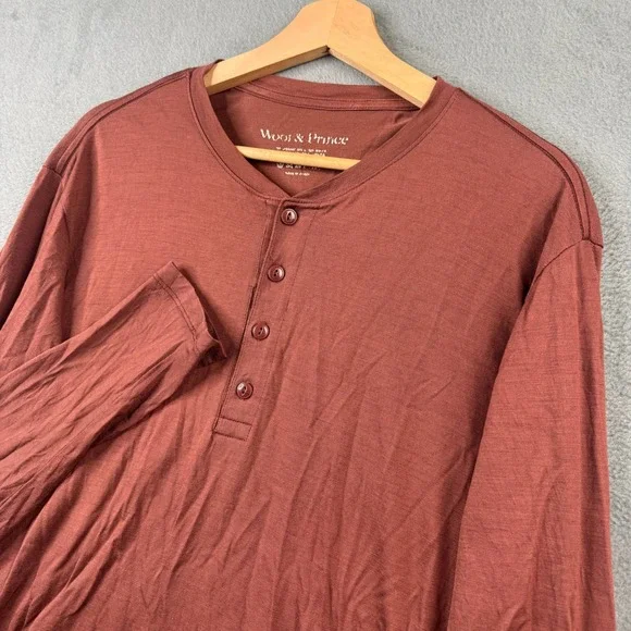 Wool & Prince Mens Merino Wool Blend Long Sleeve Henley Shirt Rust Brown Size L - Picture 1 of 6